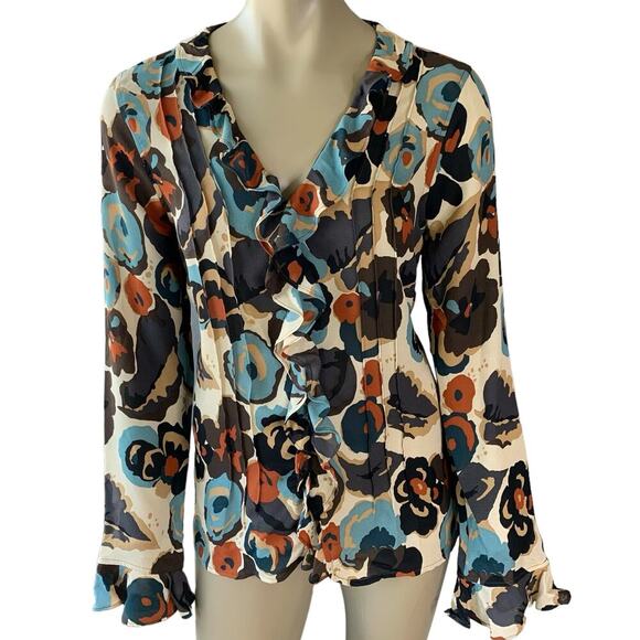 i.e. Tops - i.e. 100% Silk Floral Ruffled Long Sleeve Chiffon Tops Blouse Size L Multicolor